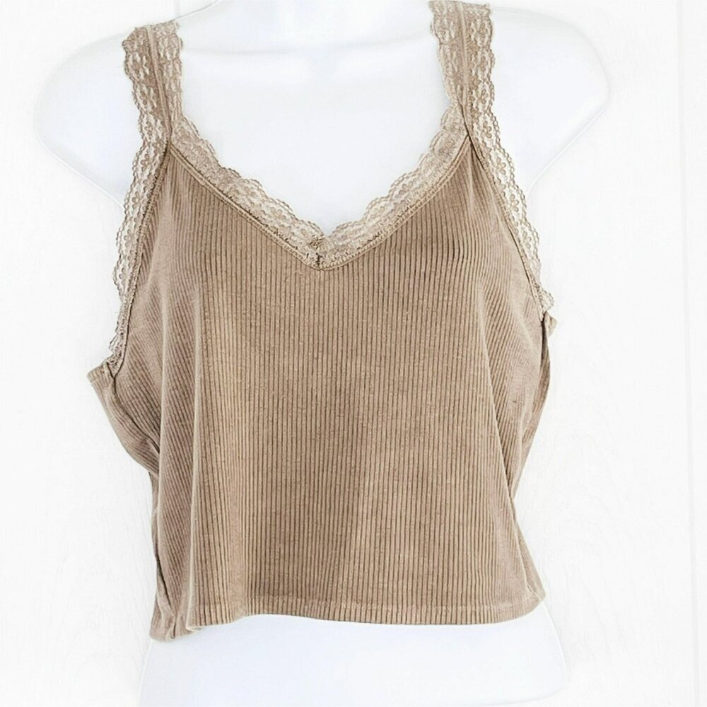 American Eagle Womens Y2K 90s Preppy Dainty Cropped Ribbed Tank size L Lace Trim